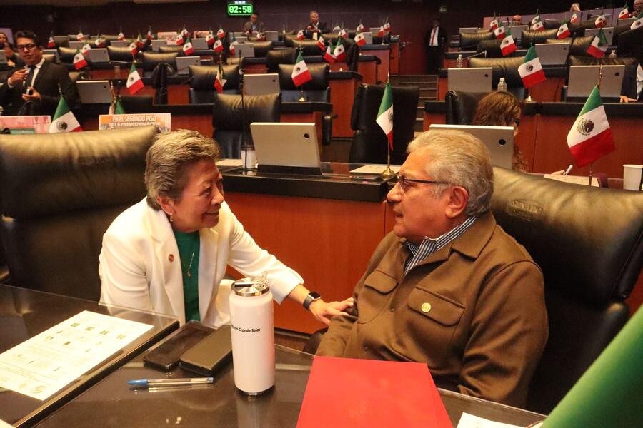 La senadora conversa con un legislador desde su escaño